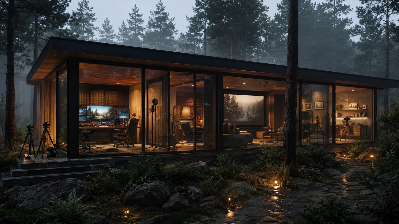 A secluded creative retreat glowing among misty pine trees