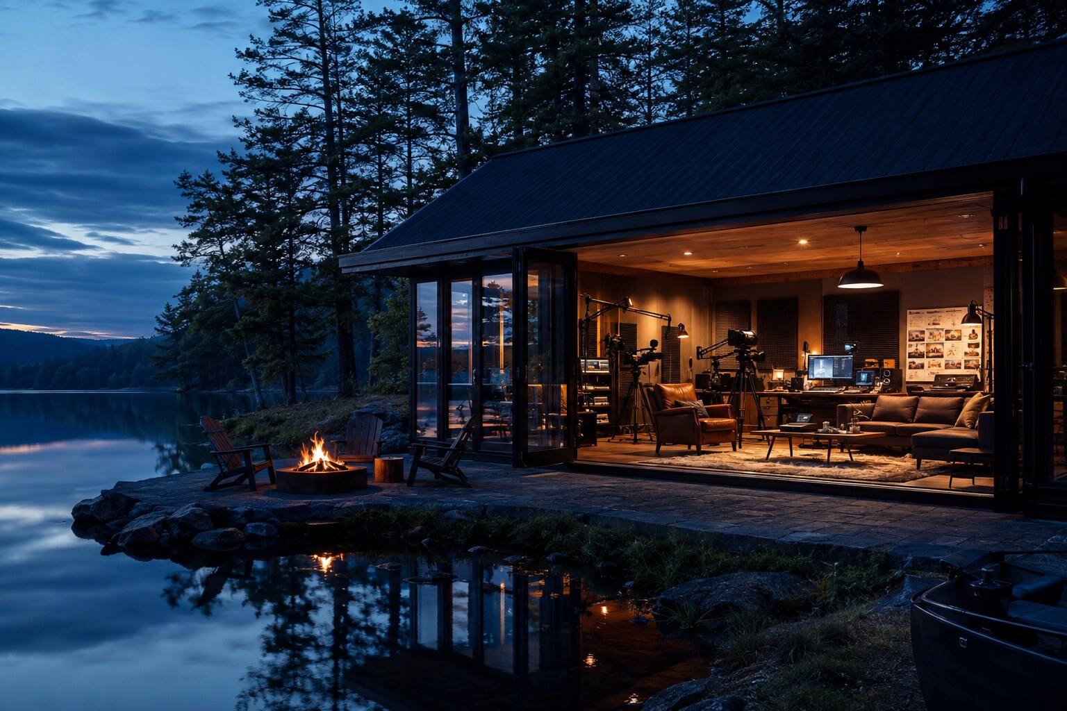 A professional media cabin beside a calm lake at blue hour